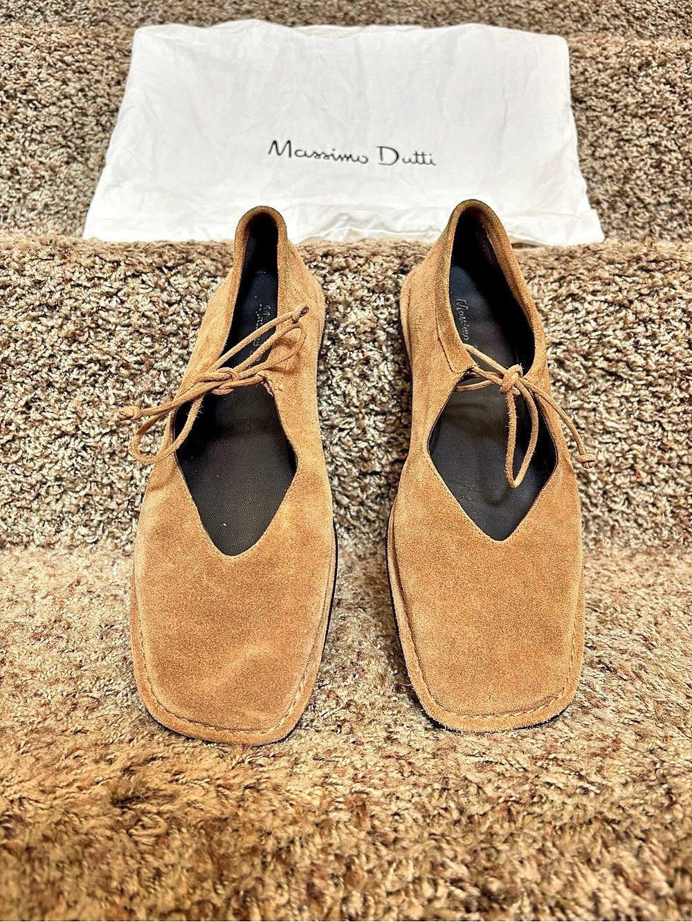 Massimo Dutti Square Toe Suede Ballet Flats with Bow Brown EU 38